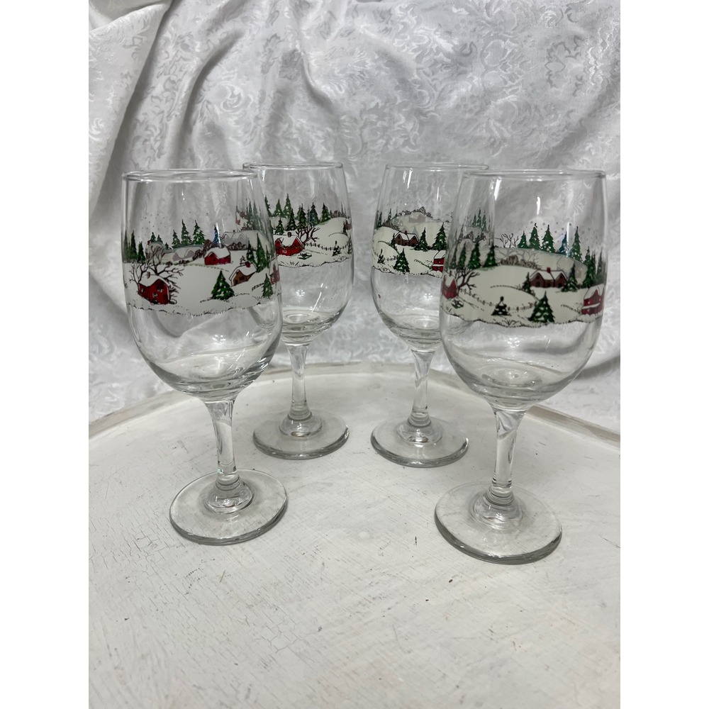 Libbey Christmas Winter Village Wine Glasses Set of 4 Snowy Red House Holiday